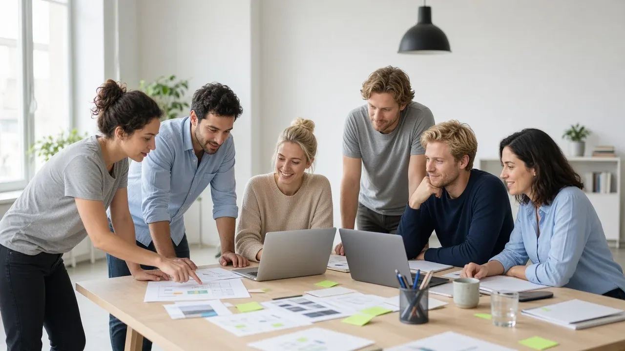 Illustrative photo: people reviewing documents and laptops around a table