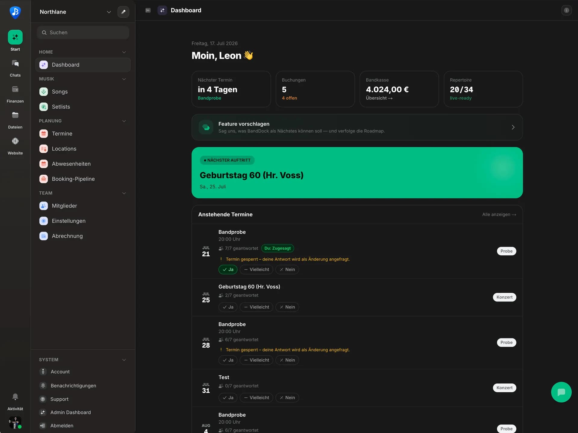 BandDock Dashboard mit Terminen, Aufgaben und Bandorganisation