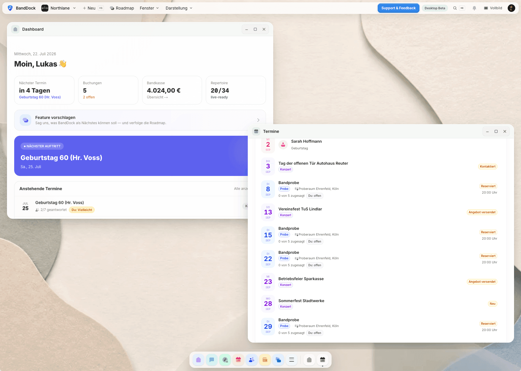 Echter BandDock Desktop mit gleichzeitig geöffnetem Dashboard und Terminfenster